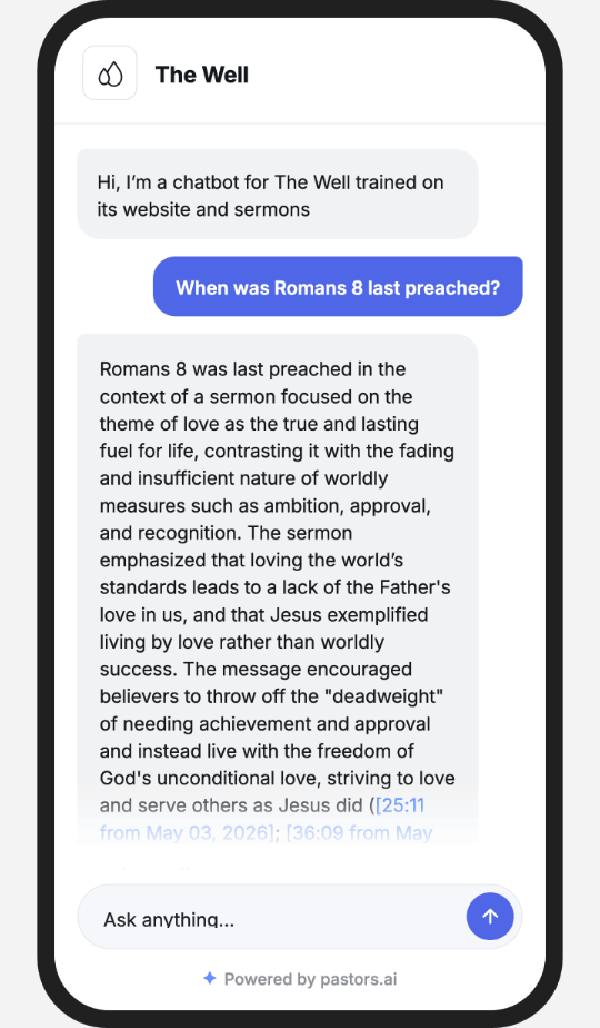 Chatbot answering 'When was Romans 8 last preached?' with timestamp citations